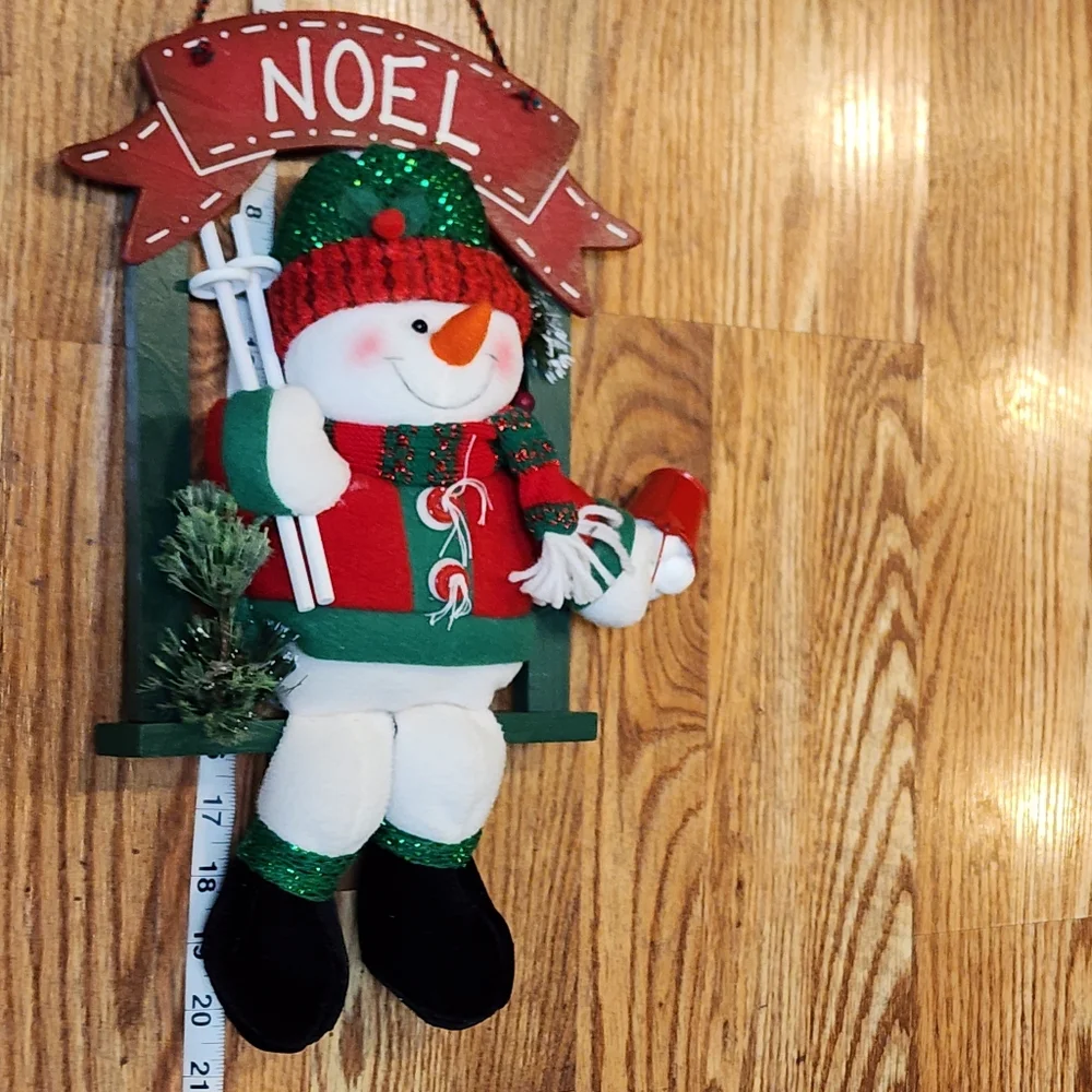 Red and Green Wood Wall Or Shelf Decor Plush Snowman With Pail Of Snowballs